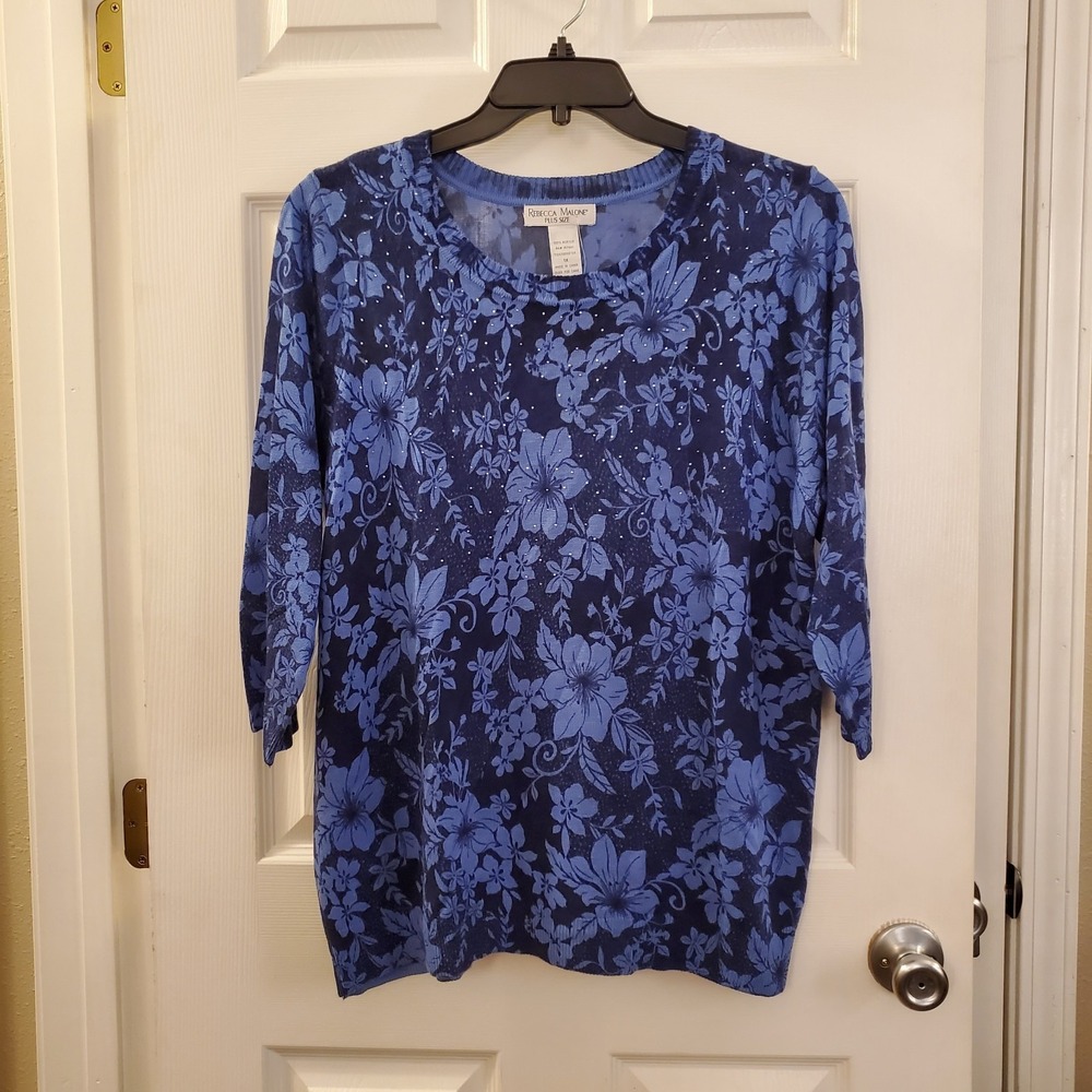 NWT Rebecca Malone Plus‎ 1X Blue Floral Light Sweater 3/4 Slv Embellished artsy